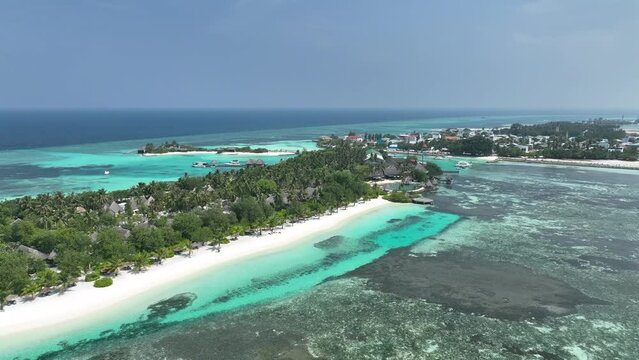 aerial view, Asia, Maldives, North Male Atoll, Kuda Huraa,  Four Season Maldives, , with beaches and water bungalows