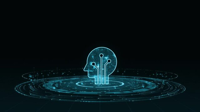 Motion graphic of Blue digital Robot logo with particle ring circle rotation and ai technology icon on futuristic abstract background artificial intelligence technology and machine learning concepts