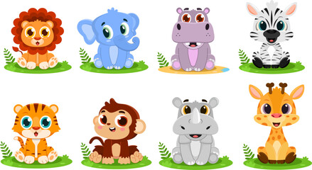 Cute Baby Safari Animal Cartoon Characters. Vector Flat Design Collection Set Isolated On Transparent Background