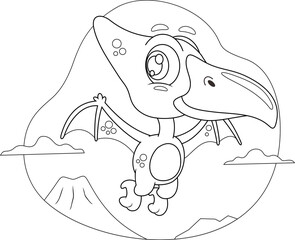 Outlined Cute Baby Dinosaur Cartoon Character Flying In The Sky. Vector Hand Drawn Illustration Isolated On Transparent Background © HitToon.com