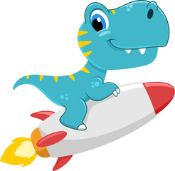 Obraz premium Cute Baby Dinosaur Cartoon Character Flying On The Rocket. Vector Illustration Flat Design Isolated On Transparent Background