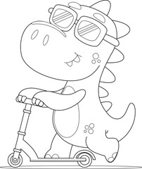 Outlined Cute Baby Dinosaur Cartoon Character Riding A Scooter. Vector Hand Drawn Illustration Isolated On Transparent Background