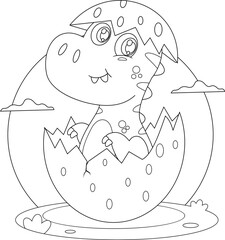 Outlined Cute Baby Dinosaur Cartoon Character Hatching From Egg. Vector Hand Drawn Illustration Isolated On Transparent Background