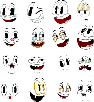 Outlined Retro Cartoon Funny Faces 30s, 50s, 60s Vintage Old Animation Style. Vector Hand Drawn Collection Set Isolated On Transparent Background