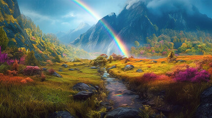 A dreamy fantasy landscape filled with vibrant pristine lush untouched nature, mountain valley, flowers and streams. V3.