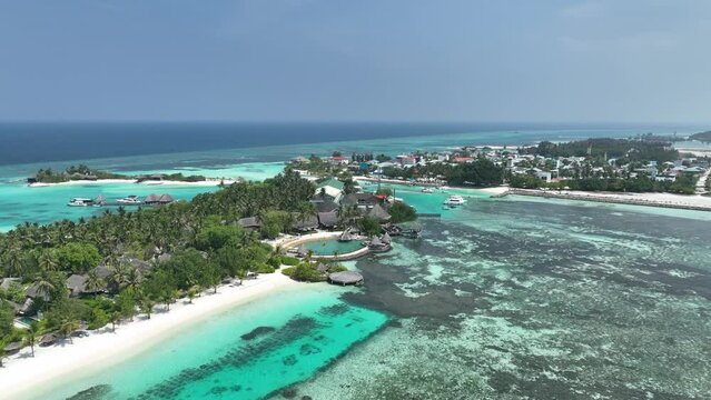 aerial view, Asia, Maldives, North Male Atoll, Kuda Huraa,  Four Season Maldives, , with beaches and water bungalows