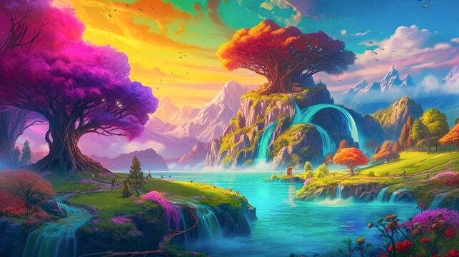 A dreamy fantasy landscape filled with vibrant pristine lush untouched nature, mountain valley, flowers and streams. V2.