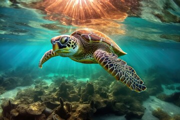 Sea turtle gliding through crystal clear turquoise waters