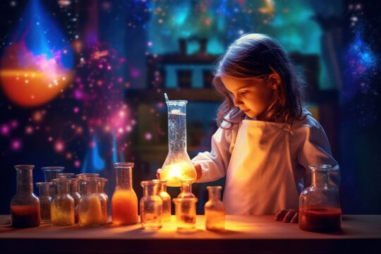Little girl conducting science experiment in laboratory, surrounded by bubbling beakers and colorful chemical reactions