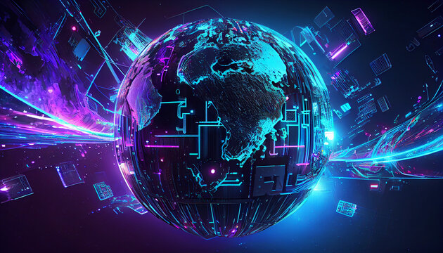 Metaverse digital world cyber space 3D rendering background, neon colorful global world in cyber space, future energy power technology and internet connection concept Ai generated image