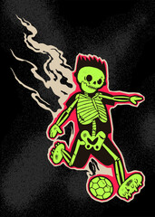 Fototapeta na wymiar Football skeleton on fire. Cool Skeleton running with soccer ball.