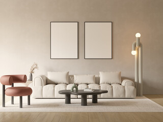 Modern minimalistic living room design with empty poster frames , mock up , 3d rendering