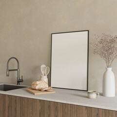 Close up kitchen design with sink, decor and empty poster frame mock up , 3d rendering © ANA