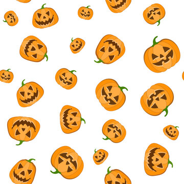 Halloween pumpkins seamless pattern. Flat orange pumpkins with carved scary smiling faces. Happy Halloween Boo. Vector illustration isolated on white and transparent background