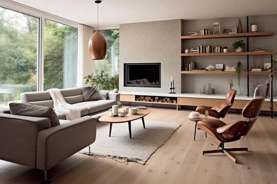 Salon moderne avec canap&eacute;, table basse, chemin&eacute;e, style contemporain et scandinave, vue sur l'ext&eacute;rieur