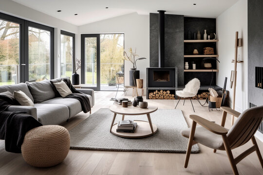 Salon moderne avec canap&eacute;, table basse, chemin&eacute;e, style contemporain et scandinave, vue sur l'ext&eacute;rieur, automne