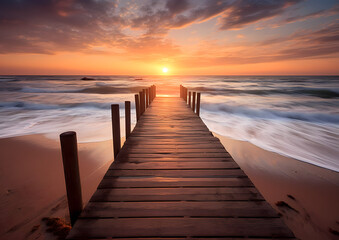 Fototapeta premium pier at the beach, nice sunset over the ocean with dock