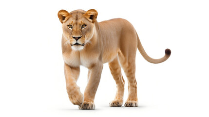 lioness walking, white background. Generative AI.