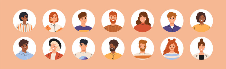Fototapeta premium Set different person portraits of men and women. Characters collection of people avatars in round frame.
