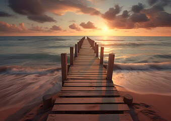 Fototapeta na wymiar pier at the beach, nice sunset over the ocean with dock