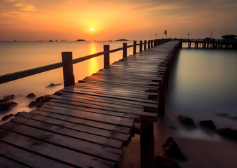 Fototapeta na wymiar pier at the beach, nice sunset over the ocean with dock