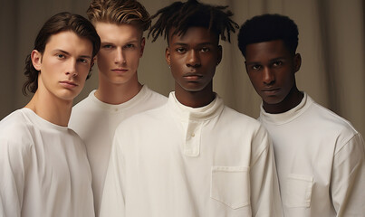 Four white shirted young men standing together afro futurism