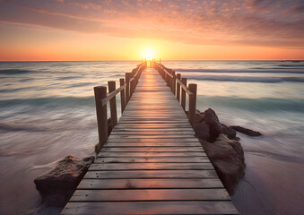 pier at the beach, nice sunset over the ocean with dock