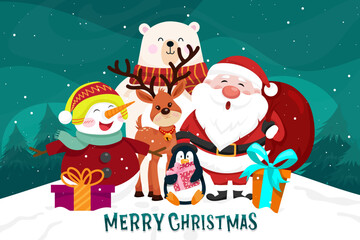 Christmas scenes Santa claus, penguin, reindeer, bear, snowman, christmas tree. Merry Christmas cutout element