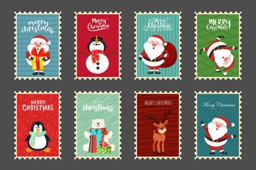 Fototapeta premium Cartoon Christmas character on stamp postage. Merry Christmas cutout element