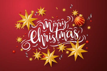 Fototapeta na wymiar Merry Christmas and Happy New Year banner. Xmas background with star and balls design on red backgroud.