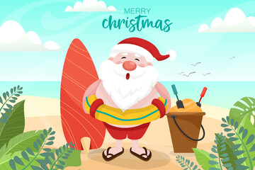 Santa Claus wearing swim ring. Summer Santa Claus with surfboard he has a rest on beach tropical ocean background.