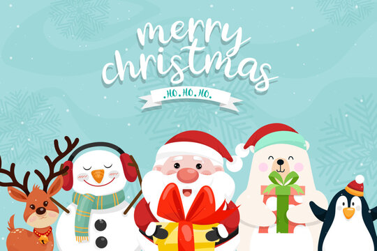 Christmas scenes snowflake with Santa claus, penguin, reindeer, bear, snowman. Merry Christmas cutout element
