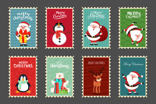Cartoon Christmas character on stamp postage. Merry Christmas cutout element