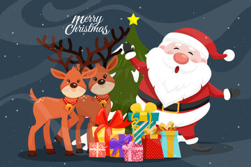 Merry christmas card with santa claus and  reindeer