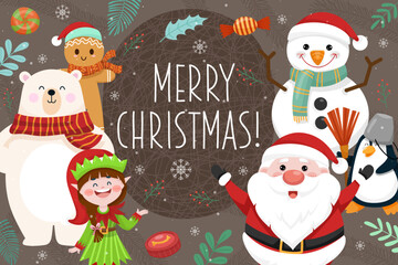 Merry christmas card with santa claus and  friends