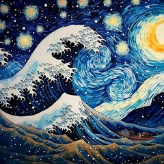Beautiful blend of "The Great Wave" with "Starry Night", Generatice AI