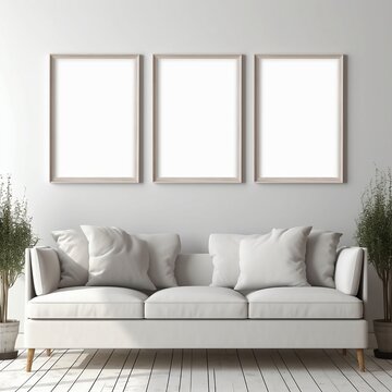 Mockup frames with white background in a living room in a wall above a couch, generative AI