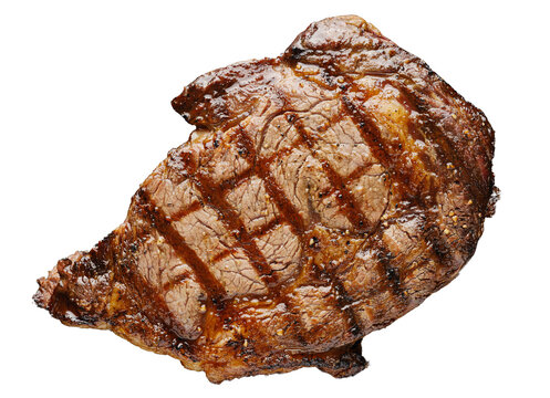 grilled ribeye steak on transparent background shot from overhead view
