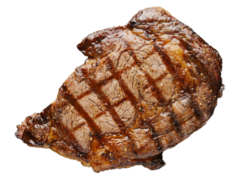 grilled ribeye steak on transparent background shot from overhead view
