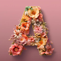 Floral Typography of the Letter A - Beautiful Pastel Flowers Arranged over a Wooden A with Calm, Muted Colors - Generative AI