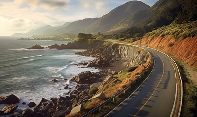  a scenic view of the ocean and a road near the shore of a mountain range in the distance is a body of water with a long line of rocks and a road running along the side.  generative ai