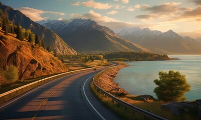  a painting of a road going down a mountain side next to a body of water with mountains in the background and a body of water in the foreground.  generative ai