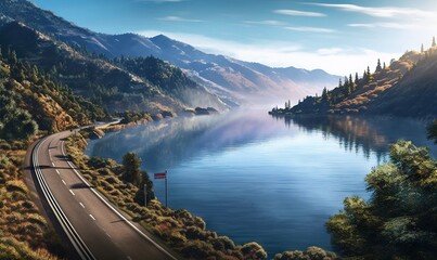  a painting of a road going down a mountain side next to a body of water with trees on both sides of the road and mountains in the distance.  generative ai