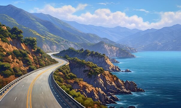  a painting of a road going down a mountain side by the ocean with mountains in the background and a body of water in the foreground.  generative ai