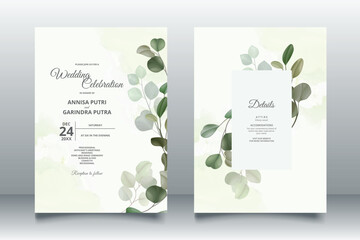 Beautiful eucalyptus leaves wedding invitation card template Premium Vector