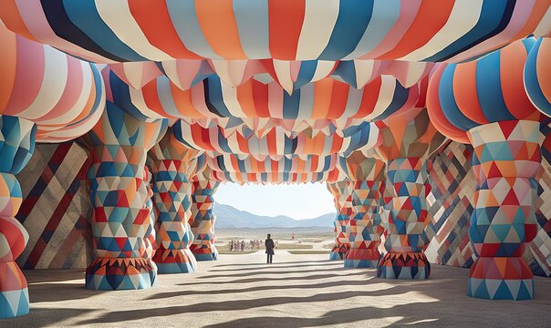  a person standing in a tunnel of colorfully designed balloons in a desert area with mountains in the distance in the distance is a person standing in the middle of the photo.  generative ai