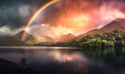 Obraz premium a painting of a rainbow over a lake with mountains in the background and a rainbow in the sky over the water with a rainbow in the middle. generative ai