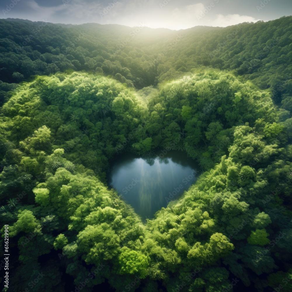 Wall mural heart forest shape in the forest from aerial view in concept of environment caring devotion, water s