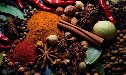  spices and herbs are arranged on a colorful table cloth with pepper, cinnamon, and anisette on top of it, and on a blue plate.  generative ai