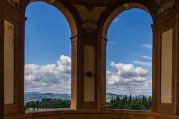 View of a landscape through the arch windows of Santuario Madonna di San Luca © Vitali
